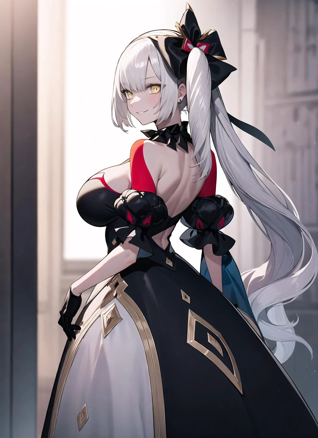 (marie alter:1.2), 1girl, mature female, ((standing, looking back, looking away)), smirk, pale skin, yellow eyes, white hair, side ponytail, long hair, grey hair, huge breasts, cleavage, black dress, bare shoulders, black gloves, detached collar, hair ornament, half gloves, hair bow, best quality, highly intricate, CG, unity, photography, 4k uhd, high resolution illustration, digital art, perfect hands, <lora:GoodHands-vanilla:1>