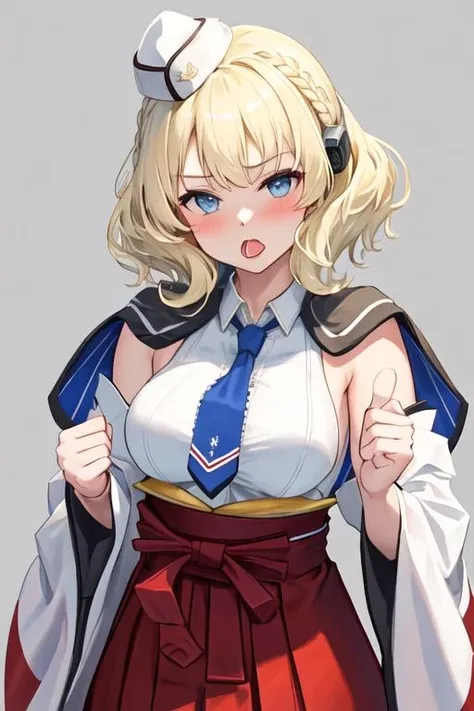 best quality, masterpiece, highres, solo, {white kimono:1.35}, {red hakama:1.35}, {wide sleeves:1.20}, {colorado_kantaicollection:1.15}, blonde_hair, short_hair, braid, blue_eyes, side_braids, breasts, large_breasts, hat, headgear, garrison_cap, grey_headwear, necktie, blue_necktie, sleeveless, open_mouth, blush, capelet