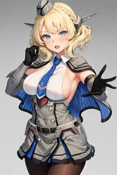 best quality, masterpiece, highres, solo, {colorado_kantaicollection:1.15}, blonde_hair, short_hair, braid, blue_eyes, side_braids, breasts, large_breasts, hat, headgear, garrison_cap, grey_headwear, necktie, blue_necktie, sleeveless, open_mouth, blush, capelet, 1girl, black_gloves, dress, elbow_gloves, gloves, grey_dress, looking_at_viewer, pleated_dress, shirt, sideboob, white_shirt