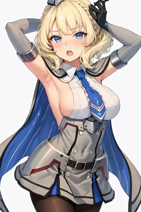 best quality, masterpiece, highres, solo, {colorado_kantaicollection:1.15}, blonde_hair, short_hair, braid, blue_eyes, side_braids, breasts, large_breasts, hat, headgear, garrison_cap, grey_headwear, necktie, blue_necktie, sleeveless, open_mouth, blush, capelet, 1girl, bamboo, chibi, dress, elbow_gloves, gloves, grey_dress, shirt, sideboob, simple_background, tanabata, white_background, white_shirt, |_|, pleated_dress, black_gloves, pantyhose, tanzaku, no_mouth