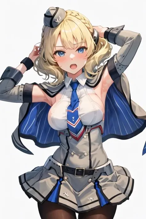 best quality, masterpiece, highres, solo, {colorado_kantaicollection:1.15}, blonde_hair, short_hair, braid, blue_eyes, side_braids, breasts, large_breasts, hat, headgear, garrison_cap, grey_headwear, necktie, blue_necktie, sleeveless, open_mouth, blush, capelet, 1girl, looking_at_viewer, blue_sailor_collar, sailor_collar, shirt, simple_background, white_background, white_shirt, alternate_costume, school_uniform, serafuku, blue_skirt, skirt, pleated_skirt, cleavage