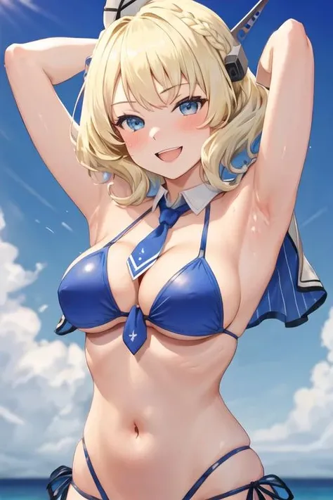 best quality, masterpiece, highres, solo, {colorado_kantaicollection:1.15}, blonde_hair, short_hair, braid, blue_eyes, side_braids, breasts, large_breasts, hat, headgear, garrison_cap, grey_headwear, necktie, blue_necktie, sleeveless, open_mouth, blush, capelet, 1girl, bikini, swimsuit, collarbone, cleavage, looking_at_viewer, blue_bikini, smile, upper_body, armpits, navel