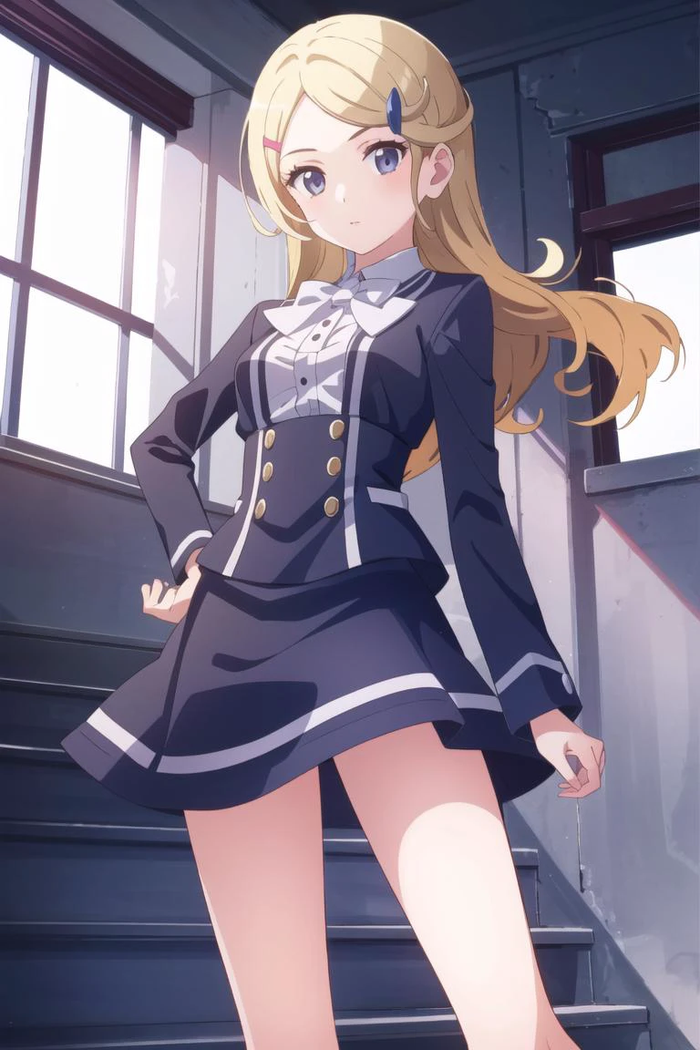 best quality, intricate details,
1girl, <lora:aceTrainerXYPokemonXY_v10:0.8> cowboy shot, standing, contrapposto, acexy, bowtie, hairclip, socks, skirt,