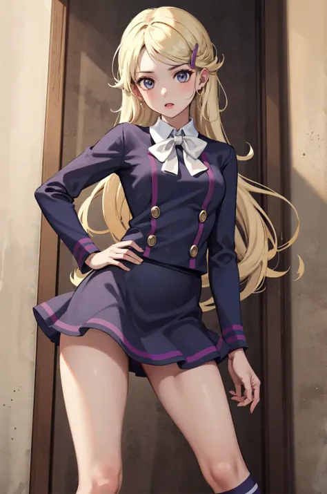 Masterpiece, best quality, absurdres, 1girl, cowboy shot, standing, contrapposto, acexy, bowtie, hairclip, socks, skirt, <lora:ace_trainer_xy:1>