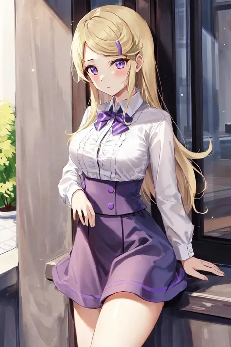 masterpiece, best_quality, 1girl, solo, acexy, purple skirt, long sleeves, white bowtie, hairclip, long hair,