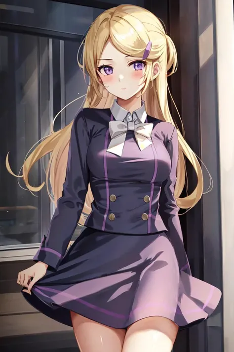 masterpiece, best_quality, 1girl, solo, acexy, purple skirt, long sleeves, white bowtie, hairclip, long hair,