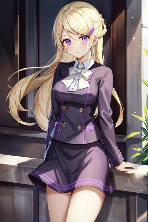 masterpiece, best_quality, 1girl, solo, acexy, purple skirt, long sleeves, white bowtie, hairclip, long hair,