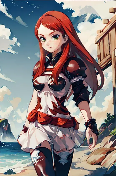 ultra detailed, masterpiece, best quality,
solo,
cowboy shot,
soft smile, light smile,
 <lora:ffta_ritz_malheur-10:0.7> ritz malheur, red hair, green eyes, armor, thighhighs, armored dress,
 <lora:Adventures:1>