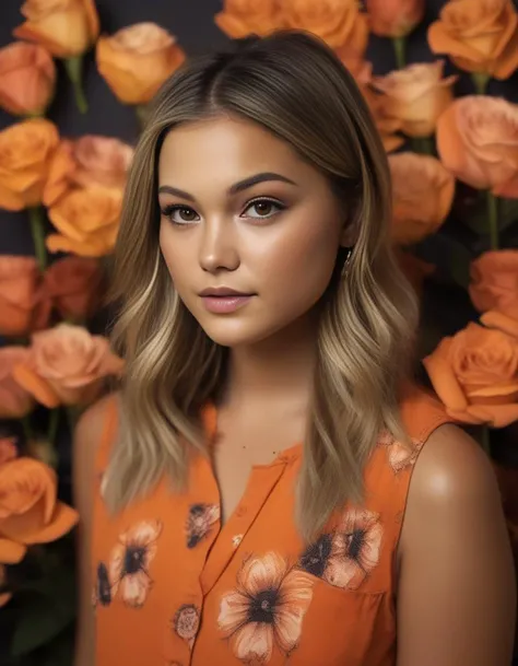 OliviaHolt,<lora:OliviaHoltSDXL:1>,a Realistic photo of  woman, 11girl, solo, long hair, looking at viewer, brown hair, shirt, black hair, brown eyes, upper body, flower, sleeveless, looking back, lips, realistic, nose, orange shirt, professional Photography, Photorealistic, detailed eyes, RAW, analog, sharp focus, 8k, HD, DSLR, high quality, Fujifilm XT3, film grain, award winning, masterpiece