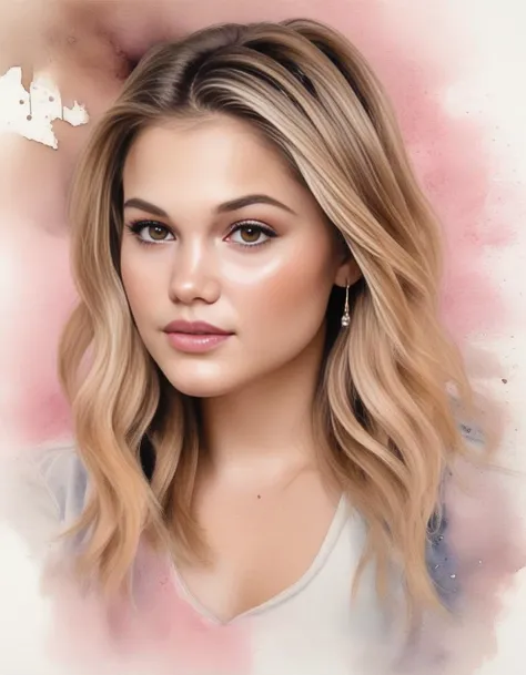 OliviaHolt,<lora:OliviaHoltSDXL:1>,A realistic watercolor portrait of a young woman. She has long, wavy hair with natural brown highlights, a fair complexion with rosy cheeks, and subtle pink lips. Her eyes is very detailed and expressive, framed by defined eyebrows and lashes. The portrait includes artistic watercolor splashes around her hair and in the background, with a lightly textured paper effect. The overall mood conveys a serene and soft ambiance.
