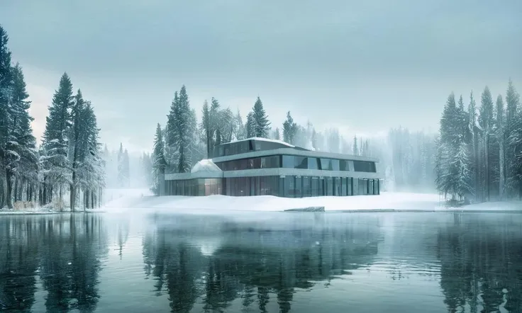 a modern architecture style building with a stone facade sitting on top of a lake next to a forest covered in snow and fog, no humans, scenery, tree, outdoors, sky, reflection, bare tree, snow, fog, building, cloud, water, night, winter, forest, house. <lora:MIRstyle-v10:1>