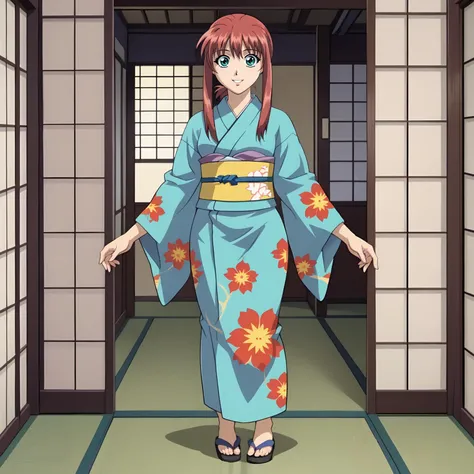 <lora:MitsukiAkasakaXLpony001>,
smile,parted lips,
solo,
MitsukiAkasaka,1girl,red hair,up -haired,aqua eyes,
print_kimono,
full body,standing,
