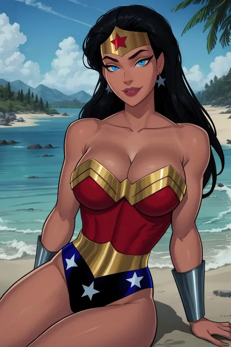 diana,black hair,blue eyes,tiara,lips,long hair,
gold tiara,earrings,red leotard,gold trim,blue underwear with star (symbol),silver armbands,collarbone,
solo,smile,sitting,
morning,island,outdoors,
(insanely detailed, beautiful detailed face,beautiful detailed eyes, masterpiece, best quality),<lora:wonderwomanJL:0.8>,