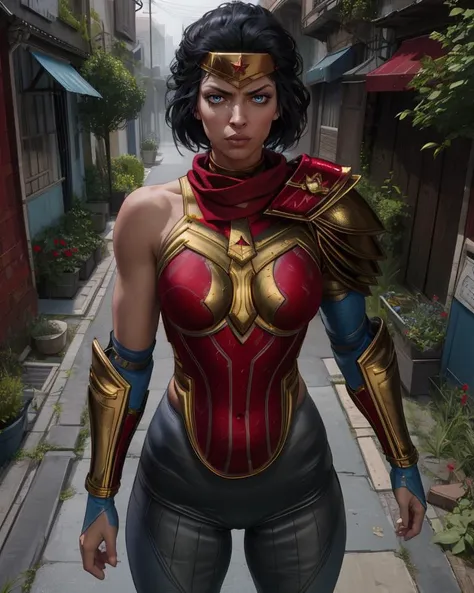 diana,black hair,blue eyes,hair bun,short hair,
red chest plate,gold trim,single shoulder pad,blue pants,
standing,serious,looking at viewer,
city,morning,fantasy,alley,
(insanely detailed,masterpiece, best quality),solo,<lora:wonderwomanSQ:0.8>,