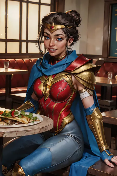diana, short black hair, hair bun, blue eyes, circlet, red chestplate, bodysuit, armor, armbands, blue pants, one shoulder pad,blue cape, looking at viewer, smiling, happy, teeth, sitting, behind a table, inside restaurant, table full of food, shawarma, high quality, masterpiece, <lora:wonderwomanSQ-11V12:.7>
