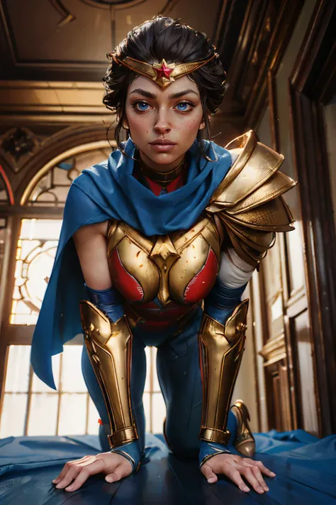 (Best Quality, high resolution, artwork :1.3), Very detailed texture of the face and skin., detailed eyes, double eyelid, Wonder Woman,DC,Alternative hairstyle,black fur,Blue eyes,looking at the viewer,muscled woman,shiny skin,legs open,correa,top-less, NSFW, showing the pussy, pubic hair, pubic hairy