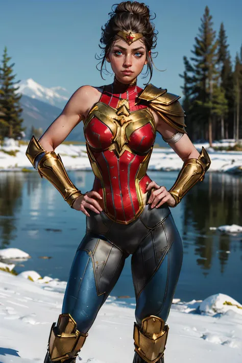 diana, short black hair, hair bun, blue eyes, red chestplate, bodysuit, armbands, blue pants, bare shoulders, looking at viewer, serious, standing, medium shot, hand on hip, outside, park, trees, winter, lake, sunny, high quality, masterpiece, <lora:wonderwomanSQ-11V12:.7>