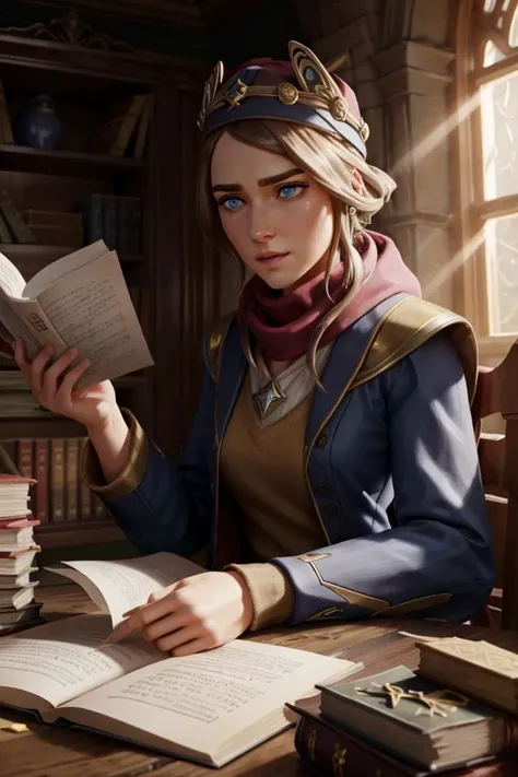 <lora:LoserFruit640:0.55> xyzloserfruit, 1girl, portrait quality, beautiful eyes, ambient occlusion, 3d render, dramatic, solo, half shot, looking at viewer, detailed background, detailed face, intricate details, (hogwarts theme:1.1) scholar sitting at desk, reading, awestruck, clutter, surrounded by papers, notes, scrolls, magic texts, runes, abacus, cryptic device, formulas, magic emerging from text, (style-swirlmagic:1.0), ancient magic, knowledge, discovery, thought, library in background, filtered light, magical fantasy atmosphere,