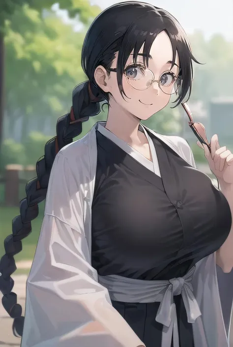 ((masutepiece:1.4, best qualit:1.4, High resolution:1.4)), Katori, 1girl in, Solo, Black hair, Glasses, Single braid, huge-breasted, komono, Smile, Standing, close up, (Eyewear adjustment:1.2), ((NSFW:1.4))