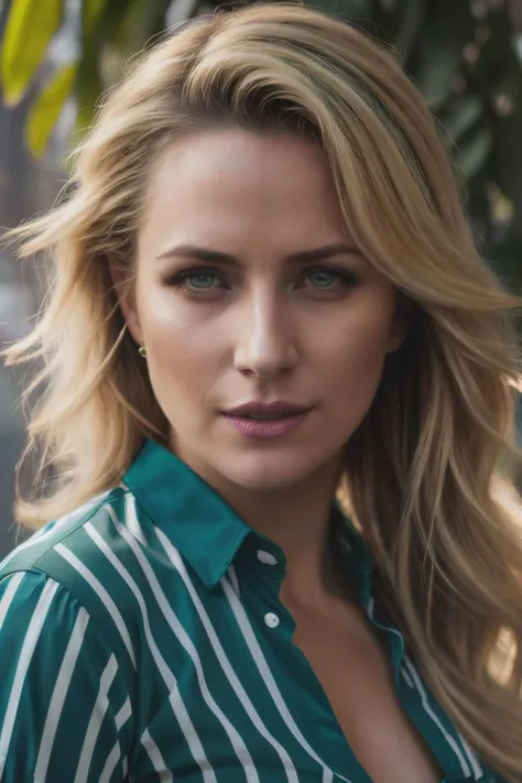 portrait photo of svs,(blue and green striped shirt), (dirty blonde hair), alluring portrait, intricate, highly detailed, digital painting, artstation, concept art, naughty, sharp focus, cinematic lighting, illustration, art by artgerm and greg rutkowski, alphonse mucha, cgsociety,<lyco:ShantelVanSanten-RealVision-V1.0:1.0>