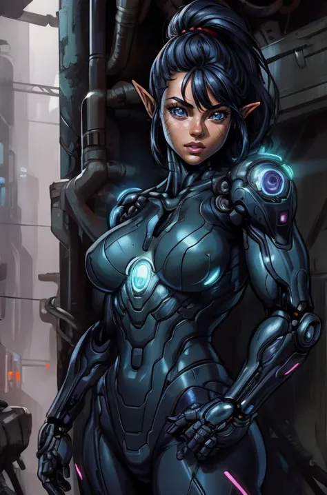 dwarf woman, close up, pointy ears, action pose, sci-fi complex clothes, cyberpunk, cyberpunk warehouse, rain, looking into the camera, hair flying, stout, (anime:1.10), (illustration:1.10), BREAK cartoon, detailed, <lora:Dwarf_Diffusion:0.9> <lora:powerarm:0.25> powerarm, glowing, mechanical arms <lora:EnvyThiccMix05:0.1>,, XenTAI-pos, <lora:LORA-XenoDetailer-v3:0.75>