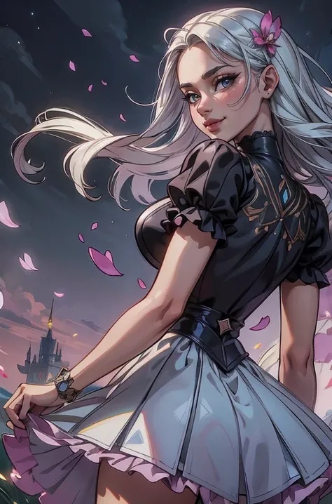 masterpiece, best quality, 1girl, (colorful:1.10), (delicate eyes and face:1.10), volumatic light, ray tracing, bust shot, extremely detailed CG unity 8k wallpaper, solo, smile, intricate skirt, (flying petal:1.21), (Flowery meadow:1.10) sky, cloudy sky, moonlight, moon, night, (dark theme:1.3), light, fantasy, windy, magic sparks, dark castle, white hair,, (point-of-view shot:1.3), POV shot, XenTAI-pos, <lora:LORA-XenoDetailer-v3:0.75>