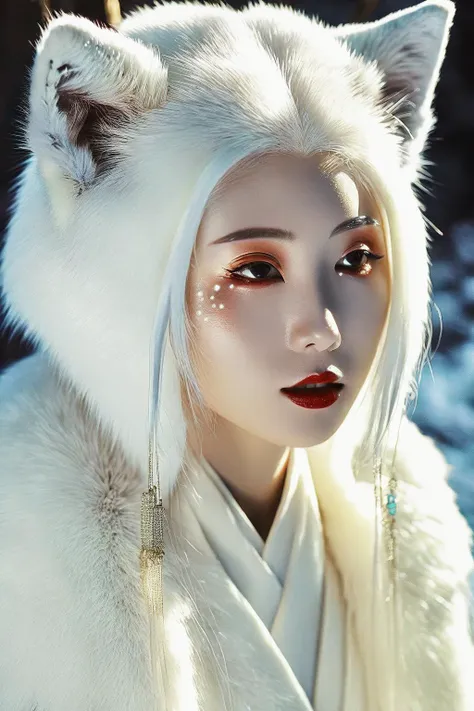 cinematic photo cinematic photo oriental fantasy,chinese humanoid monster, 1girl, Cinematic movie still, capturing the ethereal beauty of a delicate white fox spirit, alluring charm, shape-shifting abilities. Professional photo, enchanting lighting . 35mm photograph, film, professional, 4k, highly detailed . 35mm photograph, film, bokeh, professional, 4k, highly detailed