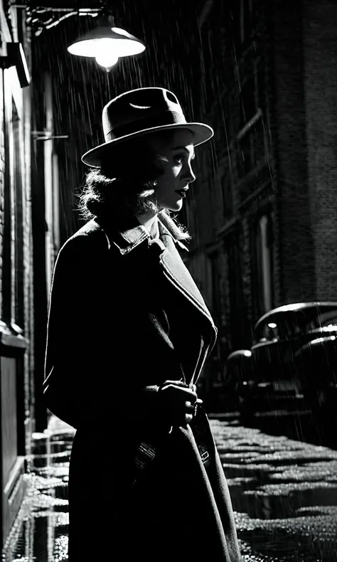 uma detetive sedutora no noir dos anos 1940" Uma imagem de uma detetive femme fatale vestida com um glamouroso e sensual estilo noir dos anos 1940. She's in a dimly lit alley, with a cigarette in hand, Exuding mystery and fascination. The scene captures the essence of classic film noir with its dramatic lighting and vintage aesthetic.