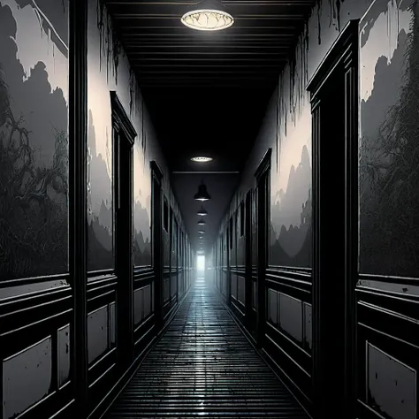 ((masterpiece)),((best quality)),8k,high detailed,ultra-detailed,Illustration,horror,chase scene,eerie atmosphere::2,dimly lit corridor,gray mist swirling,suffocating::2 heaviness,swamp-like::2 sensation with each step,pursuer's breath echoing in ears,heart pounding::2,engulfed by deep fear,endless corridor consuming soul,unsettling lighting::2,intense::2 mood,chilling::2 vibes. Art by Junji Ito. cinematic::2,dramatic lighting,intense contrast,high dynamic range,