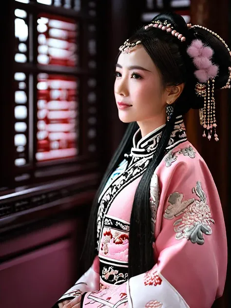 1girl,qing,wearing a qing clothes,wearing a pink qing clothes,((masterpiece)),((best quality)),8k,high detailed,ultra-detailed,film grain,low key,soft lightin,