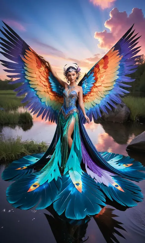 A dramatic portrayal of an alluring beauty with wings made of shimmering,iridescent feathers. She soars through a surreal,twilight sky,leaving trails of stardust in her wake. Her eyes glow with mystery and intrigue. She is surrounded by floating islands that defy gravity,each adorned with vibrant,floating crystals. The colors are bold and fantastical,creating a sense of otherworldly beauty. Shot with a drone camera for unique angles.,