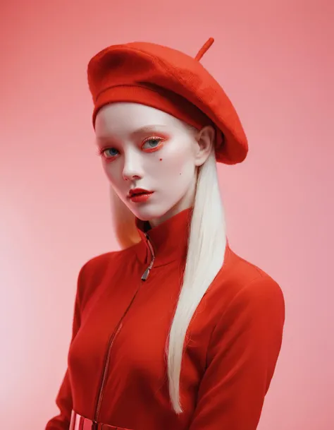 An ethereal albino pop artist in a red sleek futuristic outfit, with a wool beret, light makeup with depth of field, fantastical edgy and regal themed outfit, captured in vivid colors, embodying the essence of fantasy, minimalist, photography, 8k, uhd, masterpiece