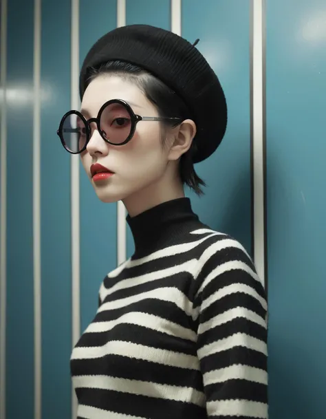 Front profile half body Photography, in the tube corridor, a punk 80's Asian model woman with a 50's beret, in a minimal large striped pattern pullover and large sunglasses, 80 degree view, art by Sergio Lopez, Natalie Shau, James Jean, Salvador Dali, realistic skin texture, 8k, uhd, masterpiece