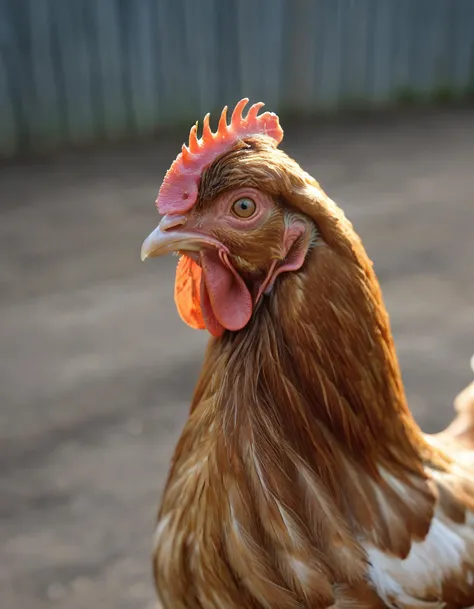close-up photo of a chicken on a farm, very detailed, 8k, uhd, masterpiece