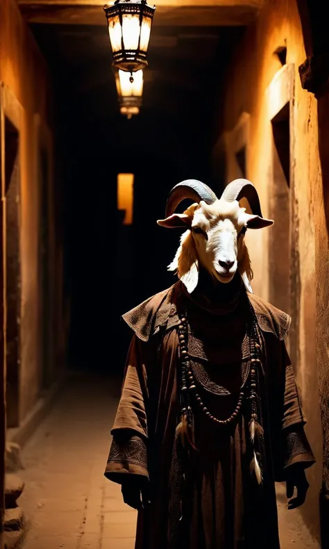 cinematic photo ghost, supernatural theme, eerie atmosphere, dim lighting, goat head mask, traditional costume, feathers, dread, ancient architecture, shadowy corridor, cultural symbolism, psychological horror, warm color tones, mysterious figure, folklore, suspenseful. <lora:Horror_ghost:0.8>, . 35mm photograph, film, bokeh, professional, 4k, highly detailed