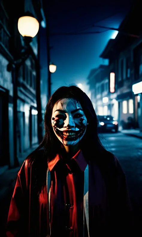 cinematic photo slit-mouthed woman, grotesquely wide smile cut ear-to-ear, haunting urban streets at night, mask covering the lower half of her face, sharp scissors glistening in the moonlight, sudden appearance in reflections, chilling questions with deadly consequences. Blending modern urban legends with traditional horror elements<lora:Horror_ghost:1>,  . 35mm photograph, film, bokeh, professional, 4k, highly detailed