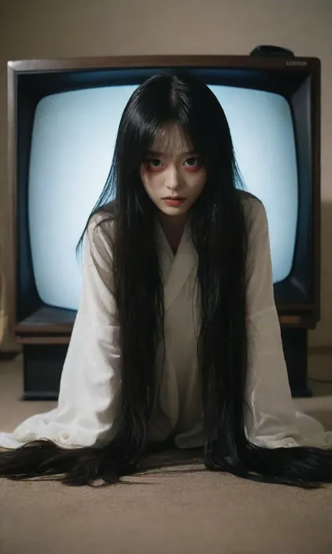 horror movie, yamamura sadako, ghost crawling out of a small static lighting CRT television like through a portal,  lighting screen,face to viewer, (crawling pose),large livingroom with furniture, both hands on the floor, bending over in crawling pose with two hands press on the floor , Evoking the dread of "Ju-on" and "The Ring,"super long black hair,A face marred by decay, festooned with wounds, and eyes bearing the scars of burns,wearing white robe, ,,bending over from the tv screen frame, ugly, hatred expression,,creepy look, ((An old water well and forests shown in the lighting tv screen frame)). an eerie glow emanates from the television screen, casting sinister silhouettes across the walls. begins her haunting emergence. Half-emerged, her spectral fingers grip the ground, blurring the lines between the digital and the physical,  <lora:LCM_LoRA_Weights:1>