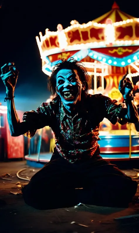 cinematic photo Monstrous entity, grotesque smile stretching unnaturally wide, elongated arms with too many joints, lurking in the shadows of an abandoned carnival, neon lights flickering, laughter turning into screams, oversized hands reaching out, eyes glowing in the dark, distorted merry-go-round music playing backwards. A surreal nightmare comes to life<lora:Horror_ghost:1>, . 35mm photograph, film, bokeh, professional, 4k, highly detailed