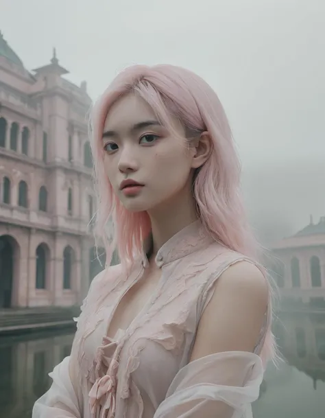 portrait of haute couture beautiful asian fashion model with pale pink hair, ethereal dreamy foggy, photoshoot by Alessio Albi, editorial Fashion Magazine photoshoot, fashion poses, in front of brutalist building architecture. Kinfolk Magazine. Film Grain. a soft smile, 8k, uhd, masterpiece