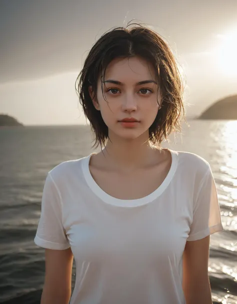 An ultra detailed photo of a brunette girl, with wet mid-short loose hair, brown eyes, natural beauty, calm expression, warm skin tone, rounded face, strong body, wearing a wet white tight t-shirt, on the prow of a ship, with the sun setting in the sea in the background, no jewelry, no makeup, romantic aura, 8k, uhd, masterpiece