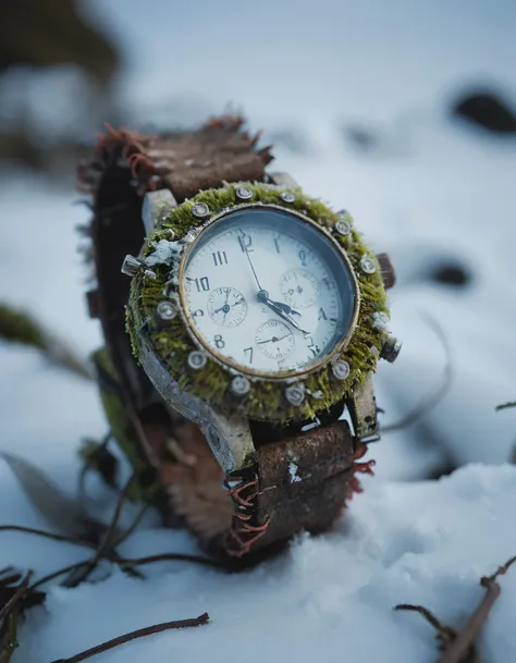 close-up photo of an old decayed wrist watch laying in snow (covered with moss:0.5), haze lighting, 8k, uhd, masterpiece