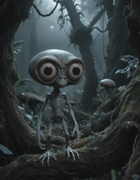 a realistic grey alien, big eyes blacks, mushrooms in trees, nigth, rainforest, hyperrealistic, detailed, digital photo, 8k, uhd, masterpiece