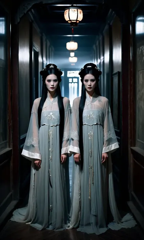 cinematic photo ghost, twin female ghosts, supernatural beings, eerie, pale skin, dark eye makeup, traditional Chinese attire, flowing robes, gossamer fabric, ethereal, mirror image, dim lighting, ominous atmosphere, dark hallway, traditional hair accessories, suspenseful, muted color palette, ancient architecture, reflection, psychological horror, doppelgĤnger theme, unsettling expressions, floor-length gowns, intricate embroidery, ghostly appearance, cinematic composition, high-quality image.<lora:Horror_ghost:0.8>, . 35mm photograph, film, bokeh, professional, 4k, highly detailed