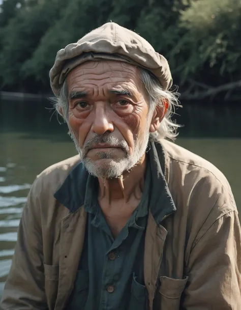simple illustration, portrait of an old exhausted fisherman, 8k, uhd, masterpiece