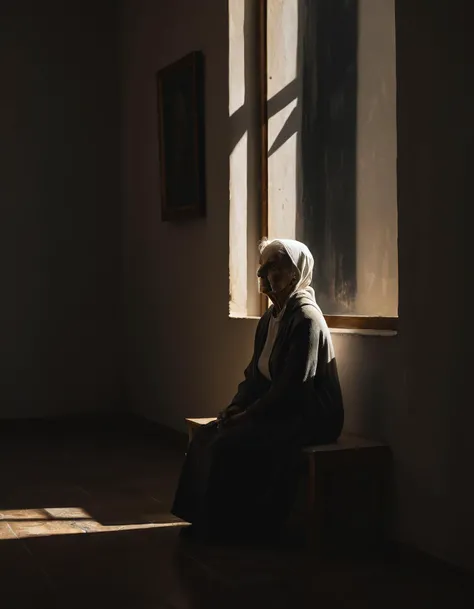hiaroscuro Painting, an old woman is siting in a church, backlit, 8k, uhd, masterpiece