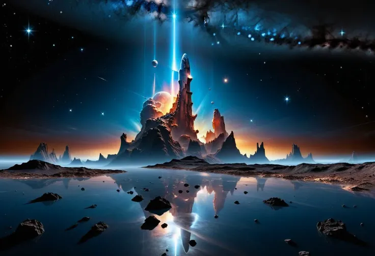 hyperrealistic photo of another planet surface, spaceship started from black water lake, pillars of creation, stars, Milky Way, galaxy, reflections, black obsidian mountains, award winning photo, realism, rays of light, dark clouds, black sky, shadows, maximum details, 16k
