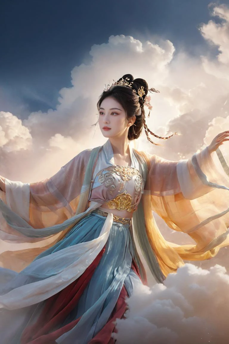 chinese clothes, hanfu,A female hero wields two swords, surrounded by clouds and mist. She steps on the auspicious clouds and rides on the clouds., A strong light shines behind her back, ,chinese clothes, hanfu, realistic , detailed , splendid, golden light, Extraordinary momentum , majestic, Magnificent, shining, surrealistic portrait, fantasy atmosphere ,(intricate details, hyperdetailed:1.3), lens flare, motion blur, (Glowing ambiance, enchanting radiance, luminous lighting, ethereal atmosphere, mesmerizing glow, evocative hues, captivating coloration, dramatic lighting, enchanting aura),