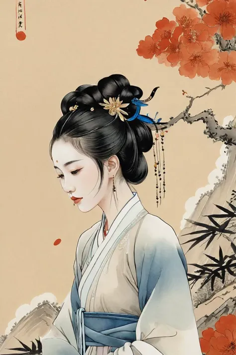 (chinese ink painting, watercolor, Ink figure drawing , gradient flat:1.2),art by Qi Baishi,Gold edge lines outline,1girl,Beautiful gradient colors,chinese clothes,hanfu,detailed,Chinese color ink painting, ancient chinese architecture, flower,fantasy atmosphere,(intricate details, hyperdetailed),(guofeng),Chinese style,official art,extremely detailed CG unity 8k wallpaper, by james jean, ross tran, takato yamamoto,