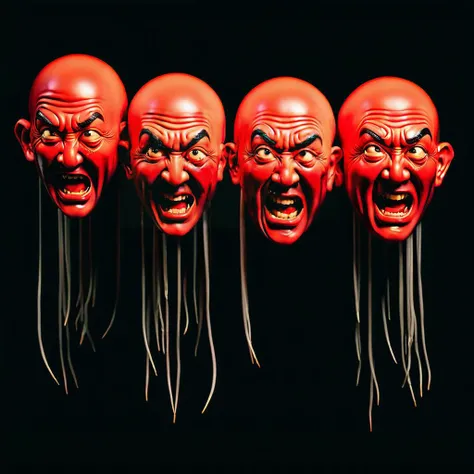oriental fantasy,asian horror,Photo,photorealistic,Cinematic photography,Horror,ten gruesome decapitated ghost man 's heads::3 float ominously. These disembodied heads::3,with long,tangled hair and malevolent grins,emit an otherworldly aura. Some heads::3 are entirely hollow,while others drip with white brain matter::2 and gory::3 strands of hair. One head is severed cleanly in half,oozing crimson blood::3 from the exposed brain. The faces bear nightmarish folds and grotesque facial features,with blood oozing from their mouths and vile::3 pustules. Suspended::2 among the gnarled trees, In the eerie glow of blood-red moonlight,a sinister forest comes to life. The image,captured with the eerie aesthetic of Cinematic photography,boasts a nightmarish 32K resolution,ensuring every dreadful detail is visible. Shot using a Moviecam Super 35 camera,featuring a wide-open aperture of f/2.8,ISO 800,and a shutter speed of 1/250..,<lora:asianghostv4:0.5>,