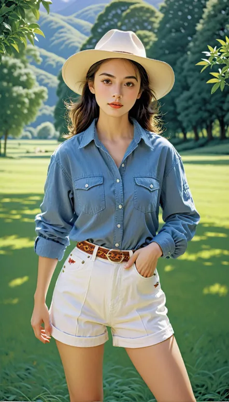 1 cowgirl exotic woman, shorts, fighting stance, picnic, lofi art by Stephen Darbishire